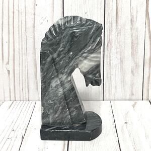 Vintage Solid Carved Black & Gray Marble Stone Trojan Horse Head Bookend Mexico